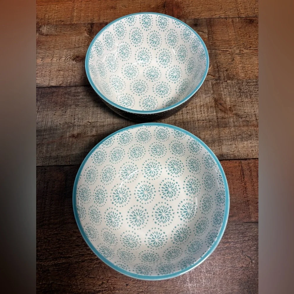 Pfaltzgraff Pad Print Grey Aqua 6” Bowl Cereal Soup Set Of 2 Textured - Picture 3 of 7